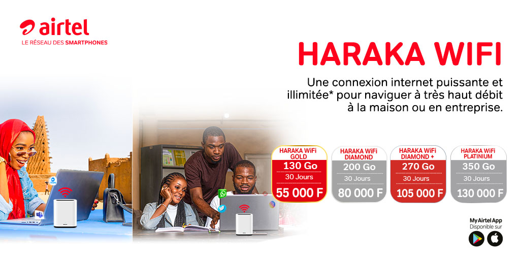 airtelniger's tweet photo. Avec HARAKA WIFI, naviguez à très haut débit à la maison ou en entreprise.
A partir de 55.000 Fcfa seulement, surfez sur la vague de l'illimité* avec Airtel.
Info line au 121.
#AirtelNiger #Internet https://t.co/waFPyBYBrG
