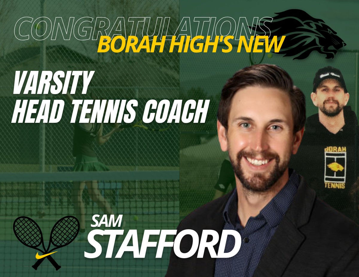 BorahAthletics's tweet photo. Please welcome our new Varsity Tennis Head Coach, Sam Stafford! Congratulations! @BorahTennis
#BorahTuff | #BorahTennis https://t.co/EAsVv5VD50