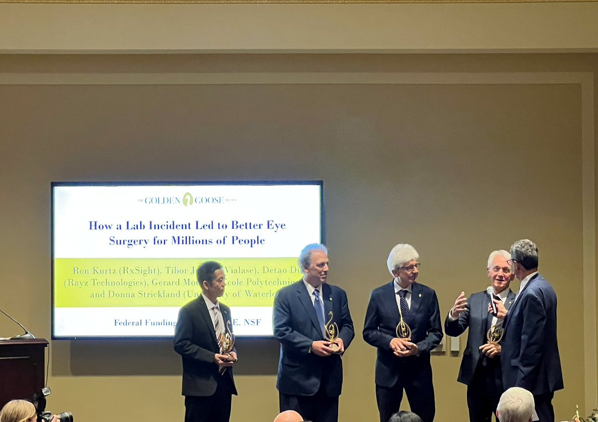 OpticaWorldwide's tweet photo. Congratulations 2013 #OpticaPresident &amp; Nobel Laureate Donna Strickland, Nobel Laureate Gérard Mourou &amp; team, recipients of the Golden Goose Award for their groundbreaking impact on corrective eye surgeries! https://t.co/7XVyOpy7o7

#GGA22 https://t.co/MHhK5o9YrK