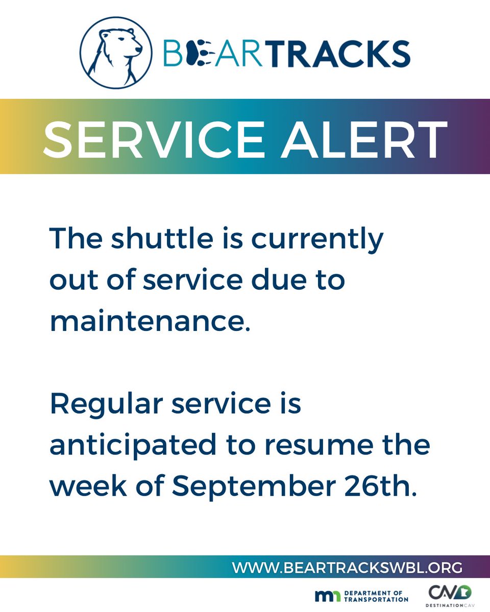 Normal shuttle operations are temporarily suspended due to maintenance. 

Normally scheduled operations are anticipated to resume the week of 9/26.  Thank you for your patience!