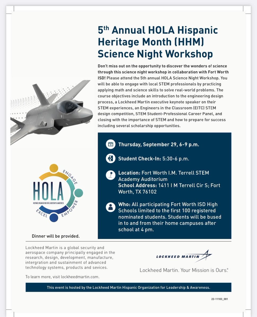FWISD_CTE's tweet photo. FWISD industry partners bring their expertise and provide opportunities for our students. ๐ Mark your calendar for the annual HHM Science Night Workshop hosted by @shpe_aero!
๐Read the flyer for details!
#partnershipsmatter
#gspoc
#cteworks
#HispanicHeritageMonth https://t.co/DNNDCCMQmB