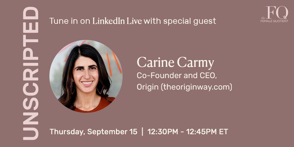 Often, issues within women’s healthcare are still so taboo. Join me today on #Unscripted with <a href="/carinecarmy/">Carine Carmy</a>, Co-Founder and CEO of Origin, to learn how they help women feel healthy. thefemalequotient.equalitylounge.com/unscriptedwshe…