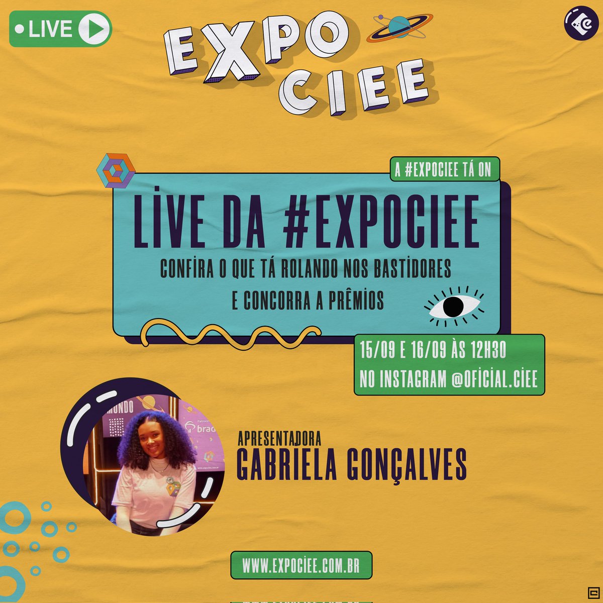 CIEE_oficial1's tweet photo. Já anota aí: temos um encontro marcado hoje e amanhã (15/09 e 16/09) às 12:30 aqui no Instagram.
A nossa apresentadora Gabi vai te mostrar os bastidores da #ExpoCIEE, que está acontecendo durante toda a semana. Além disso, teremos premiações!!! 🤩
Te esperamos lá. https://t.co/lM2lFFYi3F