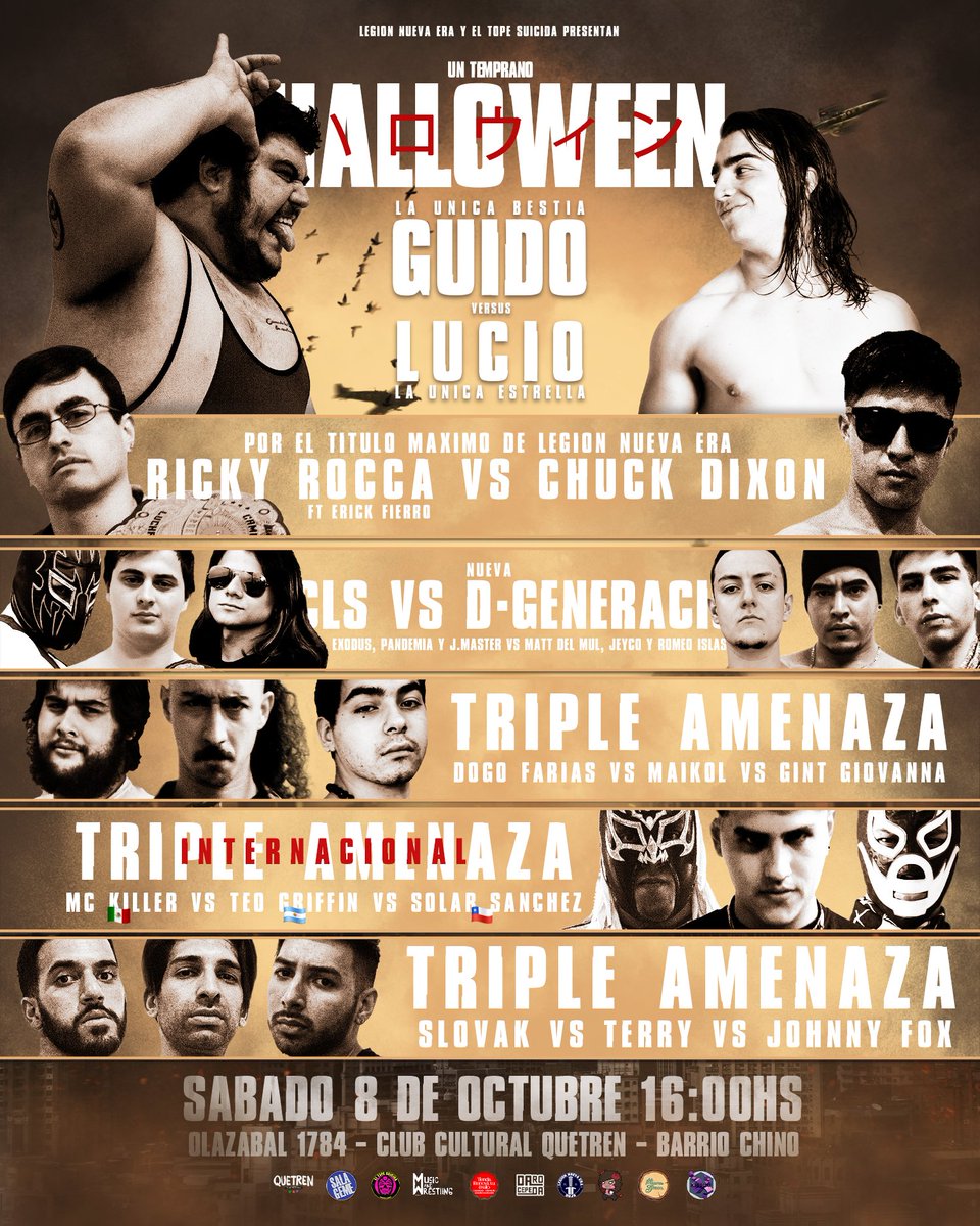 ¡Cartelera confirmada de Un Temprano Halloween! 🦖

Este 8 de octubre tendremos un show repleto de terror, acción, luchadores internacionales y defensas titulares. No te pierdas de este tenebroso y espectacular evento Legionario.