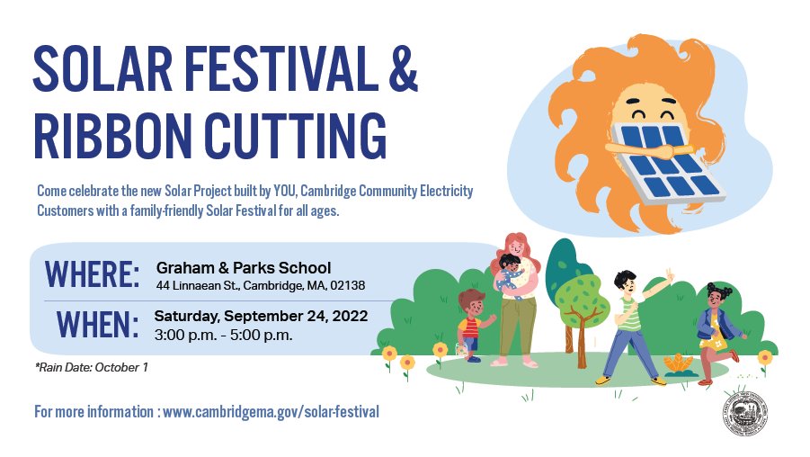 Come for the snacks, stay for the love of climate! We’re celebrating a new solar project at the Graham &amp; Parks School on Saturday 9/24 from 3-5 p.m. All are welcome. #CambMA camb.ma/3qr7kas
