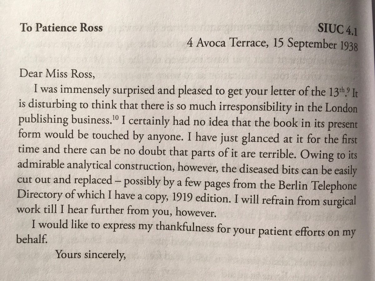 OTD IN 1938 Flann O'Brien wrote to Patience Ross at literary agents <a href="/AMHeathLtd/">A.M. Heath</a> about At Swim-Two-Birds: "Owing to its admirable analytical construction, however, the diseased bits can easily be cut out and replaced - possibly by a few pages from the Berlin Telephone Directory"