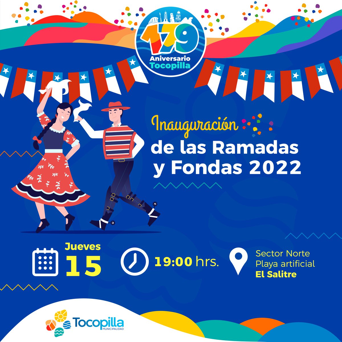 Hoy a las 19:00 horas parten las Ramadas y Fondas de #Tocopilla, donde daremos inicio con un show de baile y música en vivo. Están ubicadas en el Sector Norte de la Playa artificial El Salitre.🎤
¡Te esperamos para dar comienzo a las #fondas y #fiestaspatrias en Tocopilla!🇨🇱👌🏼