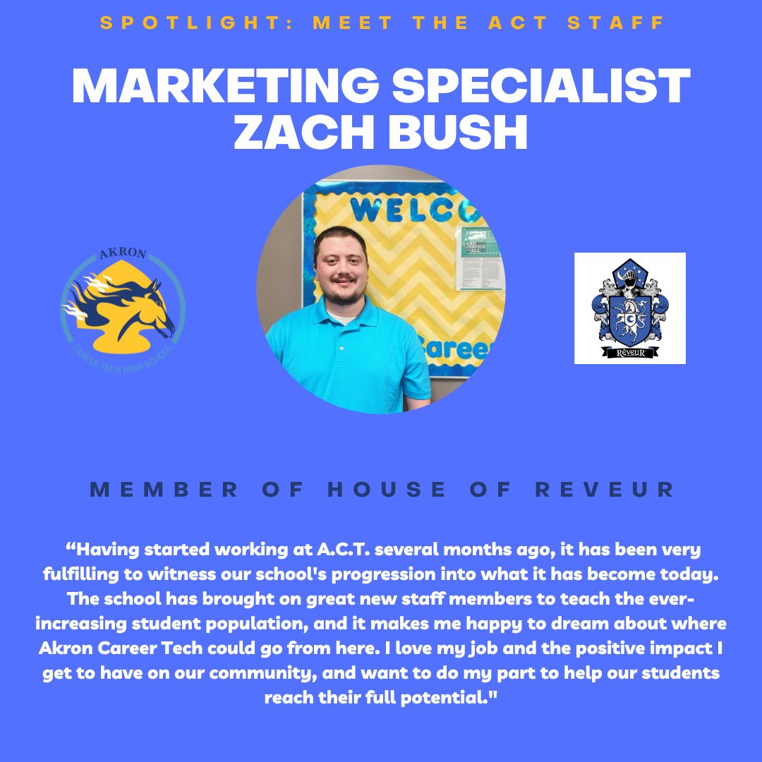 AkronCareerTech's tweet photo. Today we highlight marketing specialist Zach Bush! 
Zach is often found out in the community, working to find prospective students for ACT and increasing the outreach of the school.
Zach is a member of Reveur and would love for others to join to help him with his dance moves!! https://t.co/jivnnaUHOx