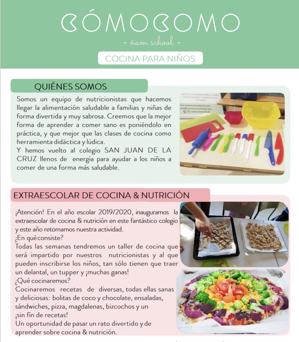AmpaSanJuanCruz's tweet photo. Estimadas familias:
Desde el AMPA nos complace poder ofertar de nuevo la actividad de Cocina Saludable con #ComoComo. La información del curso la hemos enviado al email.
¡Han iniciado las inscripciones!
https://t.co/zhbMD0jpxv
#ampa #actividadesextraescolares https://t.co/nibfhyi1Zh