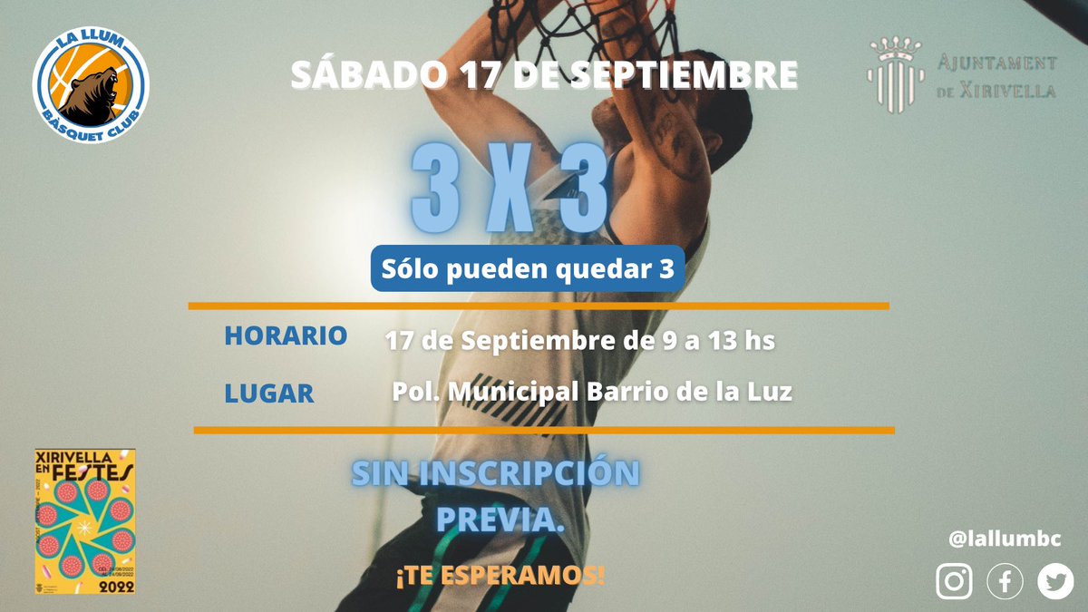 lallumbc's tweet photo. ¡NOS VEMOS EL SÁBADO! 😎

📅 Sábado, 17 de septiembre
📍 La Llum Arena
De 🕘 a 🕐 (9-13h)
❌ sin inscripción previa
🥤🚰 gratis para los/as participantes
🥇🥈🥉para los ganadores/as

¡No te lo pierdas! https://t.co/iTn6Ljlkgf