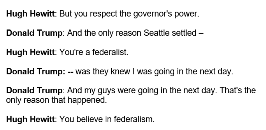 The thing to remember about Hugh Hewitt is he's an activist, not a journalist. He gave Trump the toughest interview of the '16 campaign while trying to stop him in the primary. And he gave Trump the softest, most-coached interview of his presidency to help his re-election.