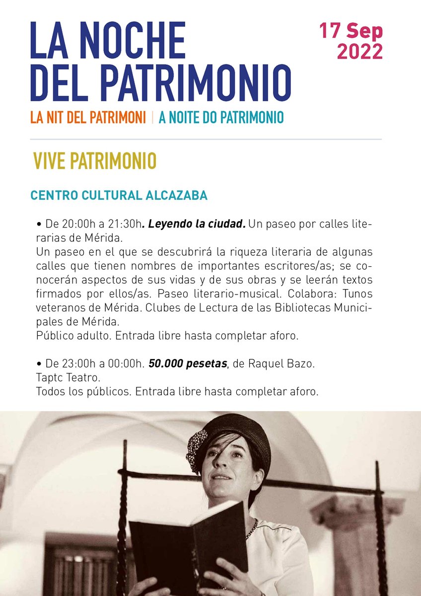 ayto_merida's tweet photo. 🎭📖 Dentro de las actividades de #LaNocheDelPatrimonio del sábado, el Centro Cultural Alcazaba acogerá un paseo literario-musical 'Leyendo la ciudad' y la obra '50.000 pesetas' de @TAPTCteatro. Entrada libre #MéridaEscenaCultural

Programa completo 👉 https://t.co/9s7Qf5QDUa https://t.co/pVaVmROq9o