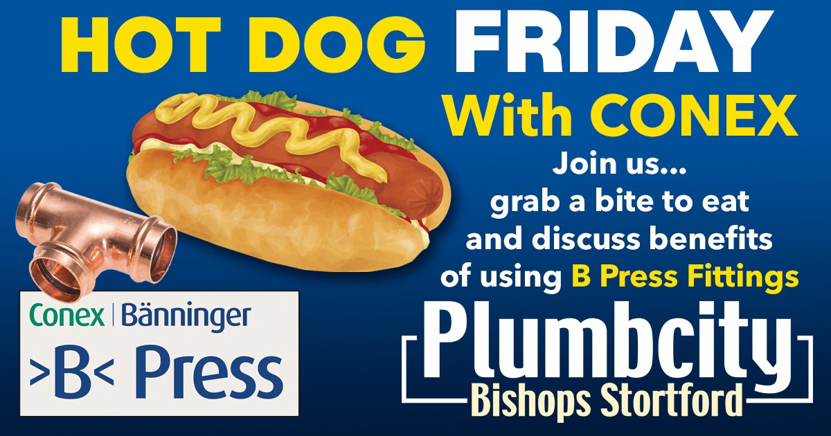 Plumbcity's tweet photo. It's Hot Dog Friday with IBP CONEX discussing the benefits of their copper B-press fittings at Plumbcity Bishops Stortford tomorrow 7.30am-12pm. Join us. #Copper #Fittings #Plumbing #Heating #FreeFood https://t.co/ykXhHHGfvq