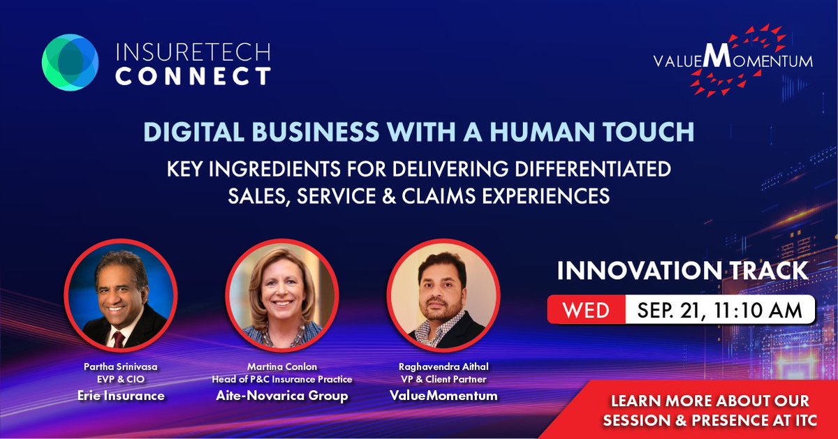 ValueMomentum (@valuemomentum) on Twitter photo At #ITC, catch our session at 11:10 AM on 9/21 to hear Partha Srinivasa, EVP & CIO <a href="/erie_insurance/">Erie Insurance</a>; Martina Conlon, Head of P&C Insurance Practice @AiteNovarica and Raghavendra Aithal, VP & Client Partner at ValueMomentum.
hubs.ly/Q01mpm4b0 At #ITC, catch our session at 11:10 AM on 9/21 to hear Partha Srinivasa, EVP & CIO <a href="/erie_insurance/">Erie Insurance</a>; Martina Conlon, Head of P&C Insurance Practice @AiteNovarica and Raghavendra Aithal, VP & Client Partner at ValueMomentum.
hubs.ly/Q01mpm4b0