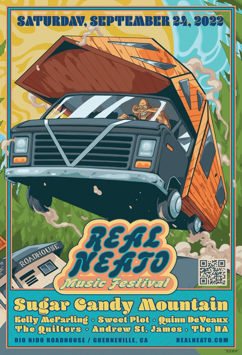 Sat, Sep 24 We'll be back at the Rio Nido Roadhouse. Don't miss this year's festival ft <a href="/SugarCandyMtn/">Sugar Candy Mountain</a> <a href="/KellyMcFarling/">Kelly McFarling</a> <a href="/sweetplotmusic/">sweetplot</a> <a href="/quinndeveaux/">Quinn DeVeaux</a> #thequilters <a href="/_AndrewStJames_/">Andrew St. James</a> and <a href="/the_ha_band/">The Human Assembly</a>. Tickets at linktr.ee/realneato