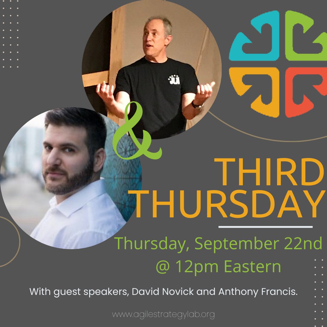 Mark your Calendars!  Our next Third Thursday is next week - September 22nd.  Our guest speakers, David Novick and Anthony Francis will be discussing You're Enough: Unlock your Inner Improvisor without the Need to be Funny or Clever.  

Register - bit.ly/july2022thirdt…