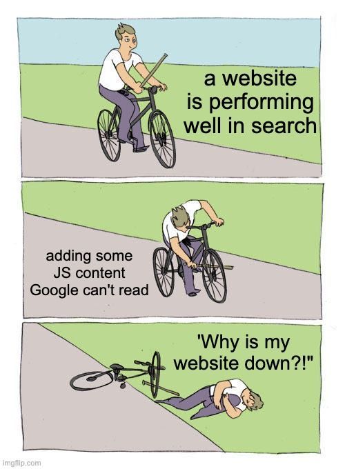 What happens when people use JavaScript without #SEO considerations 😅

JS is not going away (and its usage is growing!)

So as an SEO, you must know:

✅ How JS influences websites

✅ How to debug JS issues

✅ SEO-friendly JS best practices