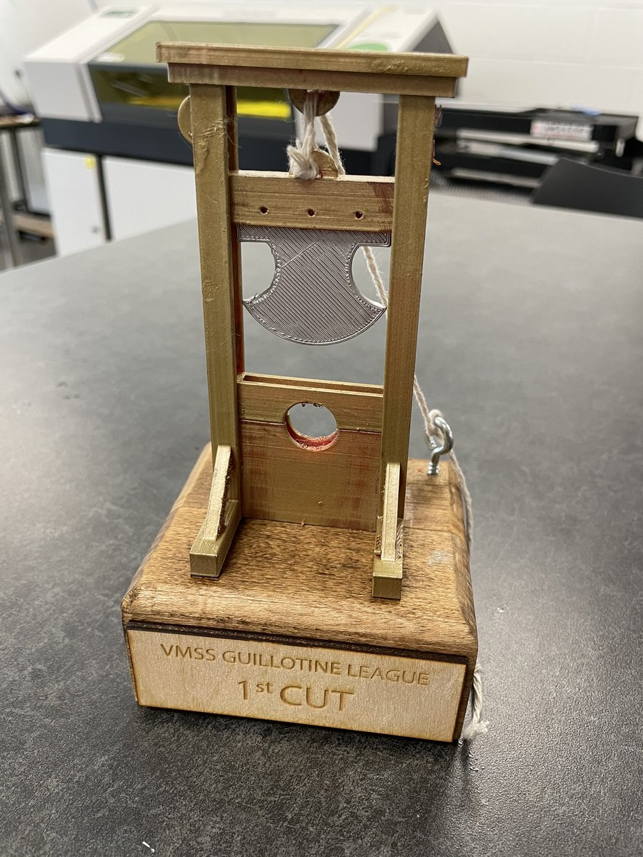3D printed a working guillotine trophy for the owner of the 1st chopped team in our Guillotine League. Now I need a o figure out what the winning trophy will look like. <a href="/PaulCharchian/">Paul Charchian</a> #guillotineleague