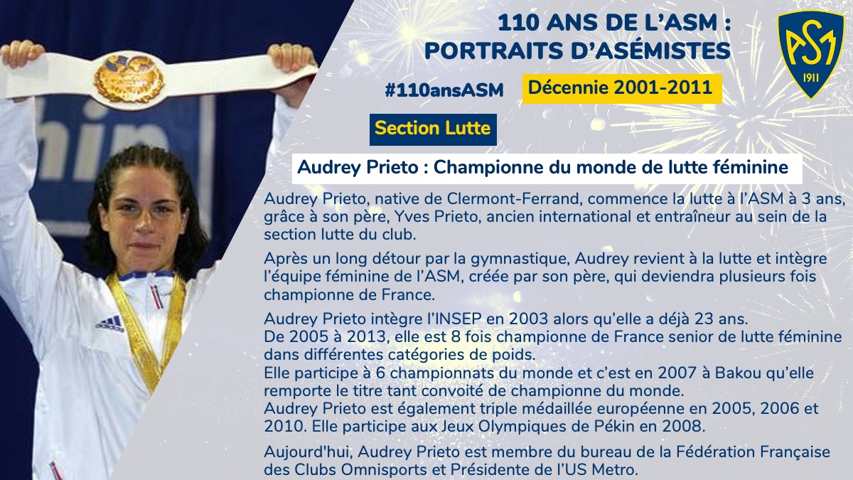 Asm_Omnisports's tweet photo. 💛💙 #110ansASM à l’occasion des 110 ans du club nous vous donnons rendez-vous toutes les semaines pour découvrir des portraits d’asémistes par décennie. Le premier portrait pour la décennie 2001-2011 , est consacré Audrey Prieto : Championne du monde de lutte féminine ! https://t.co/lI4jkQAfVj