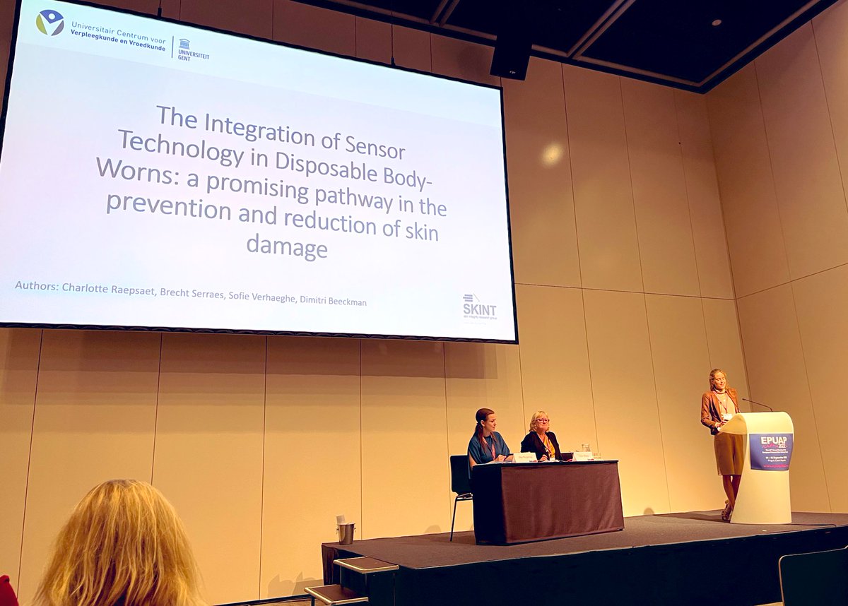 Our new research is increasingly focusing on the integration of technology in skin and wound (care) devices. <a href="/C_Raepsaet/">Charlotte Raepsaet</a> presented her PhD research on integrating sensor technology in disposable bodyworns at #EPUAP2022 in Prague. Well done Charlotte! 🇨🇿 @DimitriBeeckman <a href="/EPUAP1/">EPUAP</a>