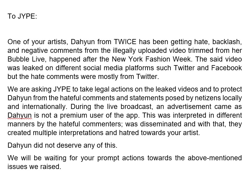 Dahyun Support Team | YATAOME February 21 (@dahyun_support) on Twitter photo ONCEs, please use this instead with minor edits. This is on the Drive now. Send an email using all your accounts both on Gmail and Outlook.
Also send to these emails:
fan@jype.com
jypbusiness@jype.com
info@jype.com
concert@jype.com
jypvideocreator@jype.com
audition@jype.com ONCEs, please use this instead with minor edits. This is on the Drive now. Send an email using all your accounts both on Gmail and Outlook.
Also send to these emails:
fan@jype.com
jypbusiness@jype.com
info@jype.com
concert@jype.com
jypvideocreator@jype.com
audition@jype.com