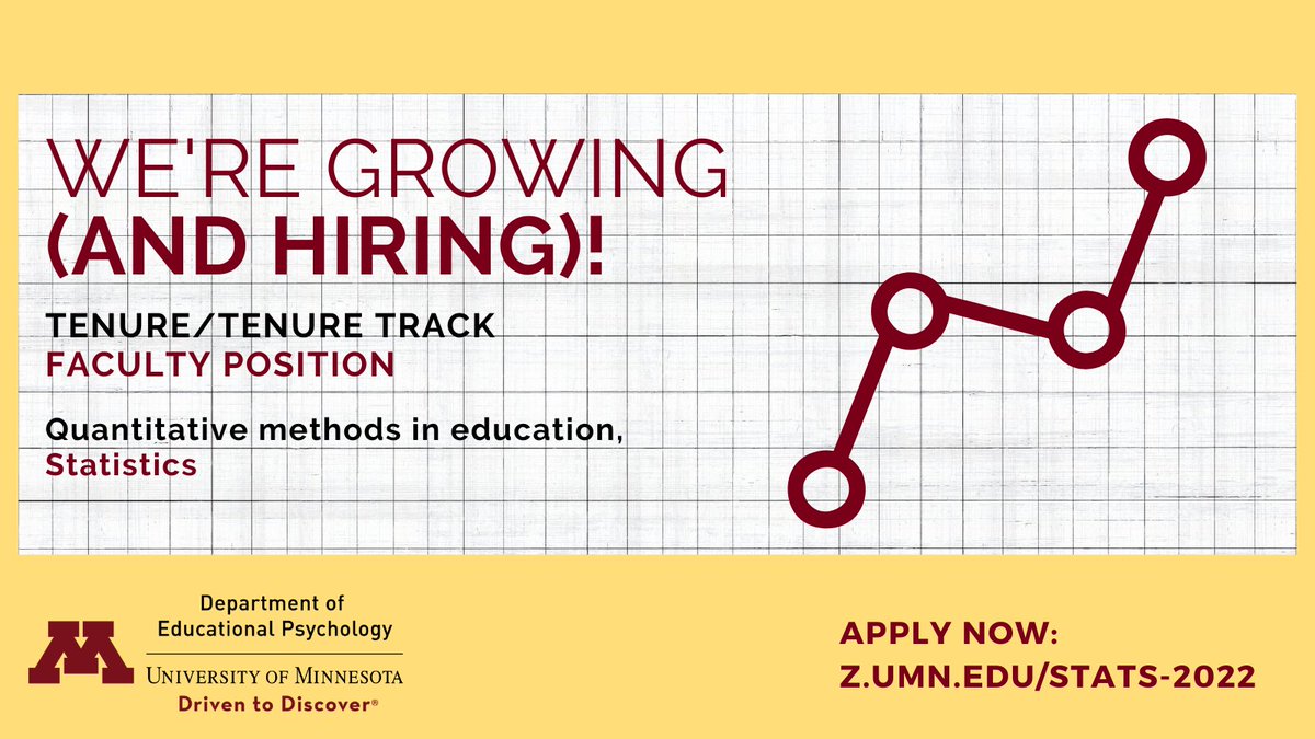 #quantitativemethods in #edpsych <a href="/UMN_CEHD/">U of Minnesota CEHD</a> is hiring an open-rank, tenure/tenure-track faculty position at the assistant or associate level in educational #statistics. Application review begins early October. <a href="/UMN_Jobs/">UMN Jobs</a> 

Get more info, apply &amp; share: z.umn.edu/stats-2022