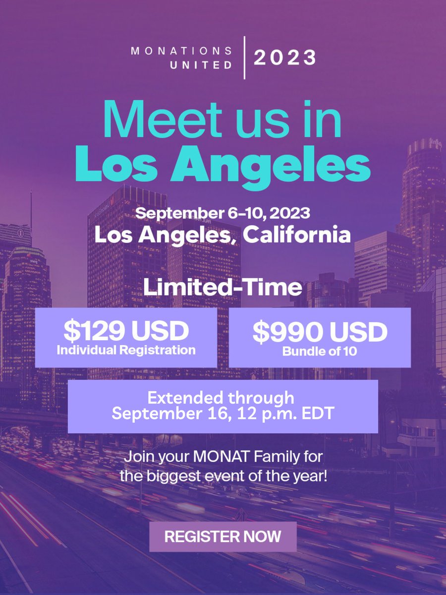 MONATOfficial's tweet photo. We heard you! Our #MONATions 2023 presale has been EXTENDED! π You can register now for the special prize of $129 USD for individual registration or $999 USD for a bundle of 10.
Donβt miss out and register now: https://t.co/DqzeIv5ox3 https://t.co/5NX5ollsnn