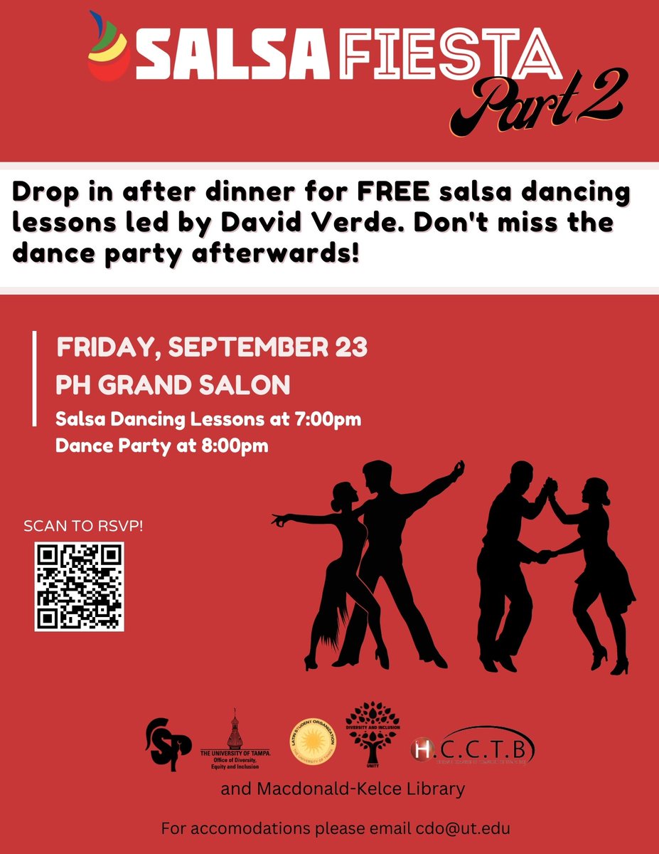 UTampaLibrary's tweet photo. Celebrate Latin American and Hispanic Heritage Month #utampa by learning about library resources and fun campus activities on Friday, September 23! 💃 #latinxheritagemonth #hispanicheritage #latinamericanheritagemonth #salsafiesta https://t.co/3p1cPIY5wu
