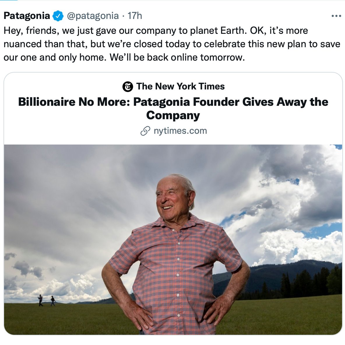OurEarthEvryDay's tweet photo. Thank you @patagonia @yvon.chouinard🌍🙏🏼 Pretty amazing news today!

"Instead of 'going public,' you could say we’re 'going purpose'...we'll use the wealth Patagonia creates to protect the source of all wealth." - Yvon Chouinard.-@nytimes https://t.co/N4ZlOrGPL1