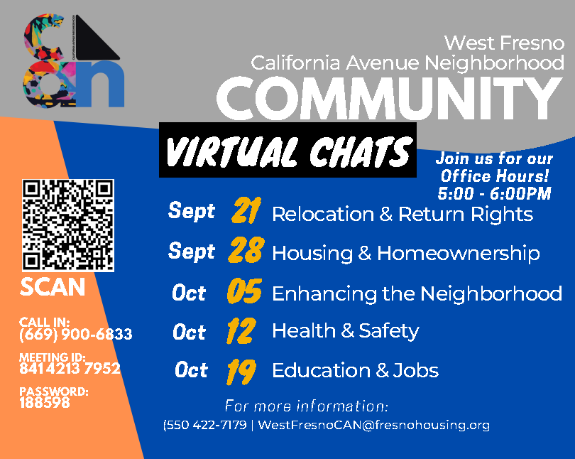WestfresnoCAN's tweet photo. West Fresno CAN Presents: Virtual Office Hours. 

Beginning on Sept 21st, there will be weekly sessions to join and learn more about the transformation plan process. Ask questions and give us your feedback.

See flyer for Zoom info.

#WestFresnoCAN #TransformationPlan #Collective https://t.co/fVHIkaGvAI