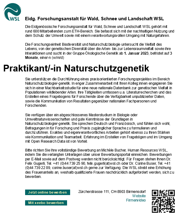 #Praktikumsplatz frei! Masterabschluss in #Biologie oder #Umweltnaturwissenschaften und Kenntnisse der #Naturschutzbiologie/-genetik? Die Gruppe Ökologische #Genetik der WSL bietet einen Praktikumsplatz: apply.refline.ch/273855/1367/pu… #Internship #biology #stage # génétique