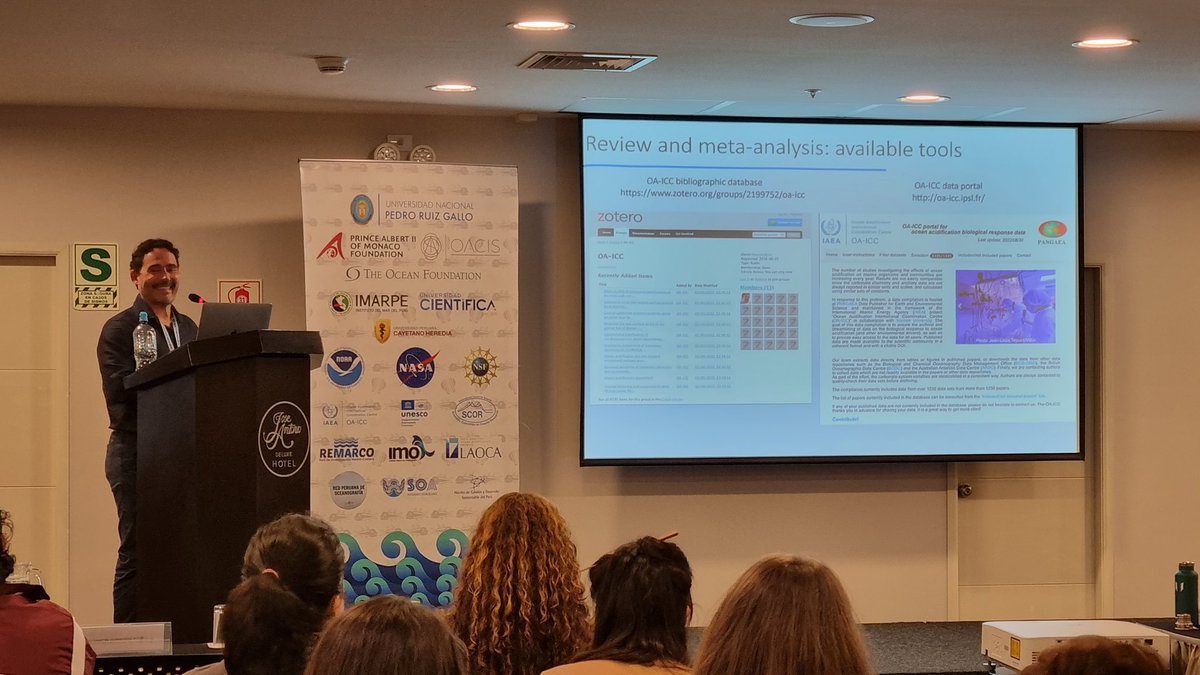 Excellent synthesis of what we know about the effects of #oceanacidification on shellfish by Frédéric Gazeau <a href="/IMEV_mer/">IMEV-Institut de la Mer de Villefranche</a> at #highco2lima, also sharing preliminary results of meta-analysis using <a href="/oaicc_project/">OA-ICC</a> biological resp data portal: iaea.org/services/oa-icc 
<a href="/Highco2L/">high-CO2-Lima</a> <a href="/IAEANA/">IAEA NA</a>