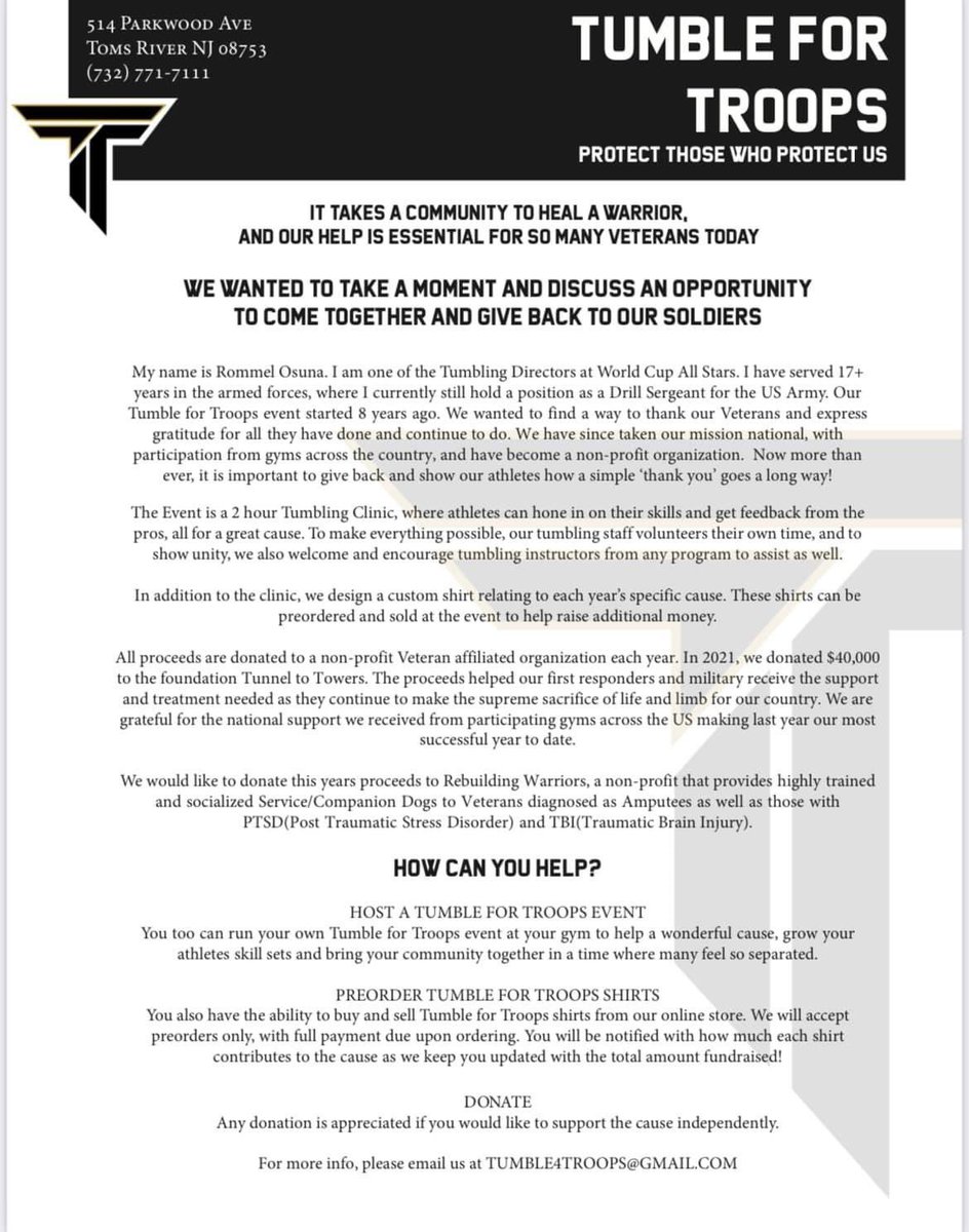 cheerUPDATES's tweet photo. Happening Now. 
Gyms across the country &amp; internationally are on-board, and still  adding, to the Tumble for the Troops 🪖 annual fundraiser. 

Is your gym signed up to participate? https://t.co/wZqsM9zbKz