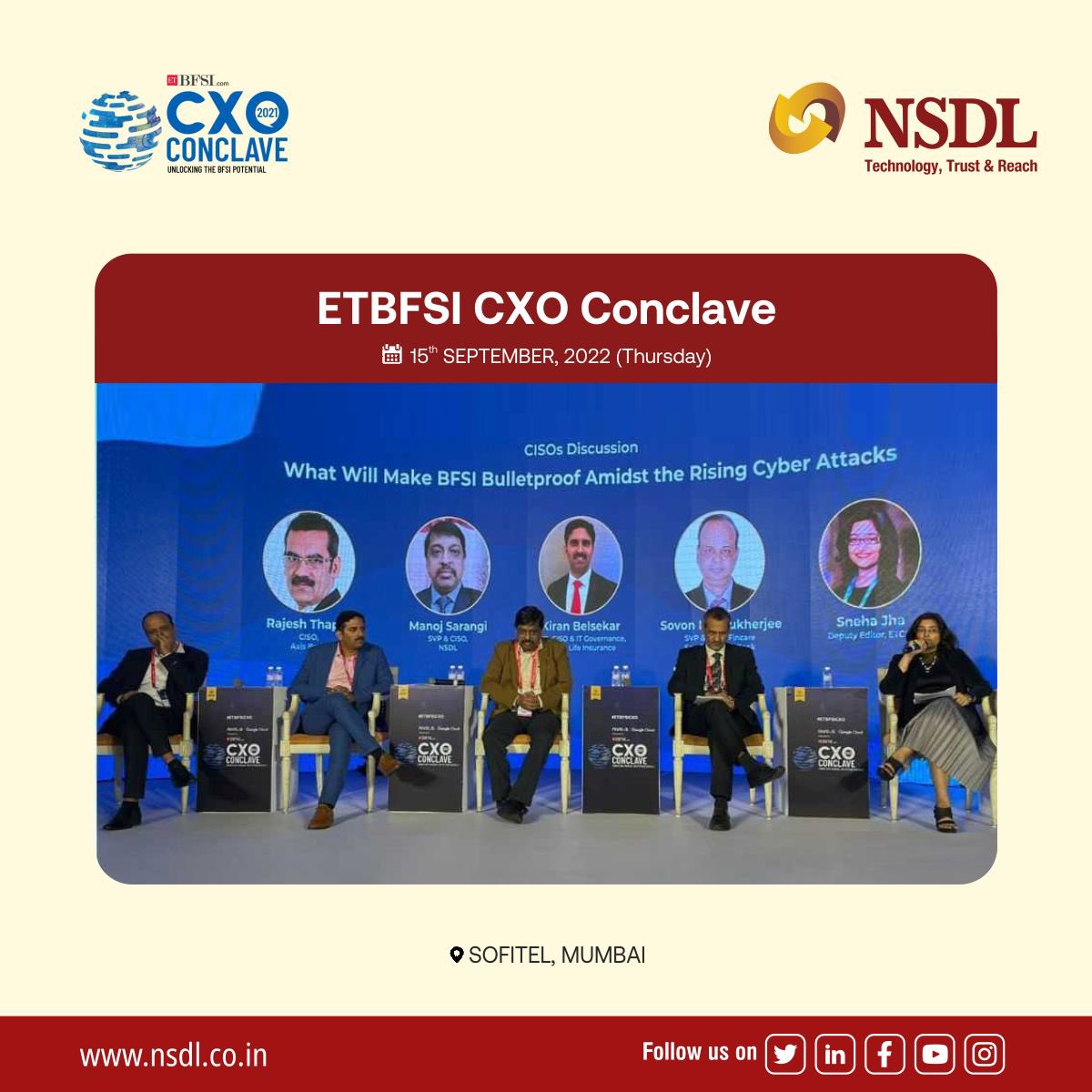 Mr. Manoj Sarangi, Sr.Vice President, CISO at NSDL shared his views on ‘the need of security to be built into the organisation culture and embedded into the mindset of people’ at #ETBFSICXO Conclave.

#NSDL #BFSI #fintech #digital #summit #mumbai <a href="/ETBFSI/">ET BFSI</a>