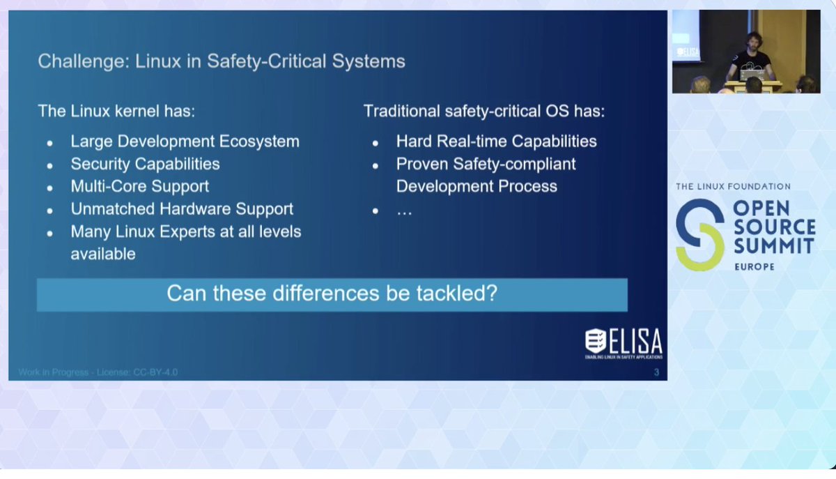 ProjectElisa's tweet photo. #Linux in Safety-Critical Systems can be a challenge. How are these challenges addressed? "The #ELISAProject is tackling this challenge" - @BoschGlobal's Philipp Ahmann today at #OSSummit EU. @linuxfoundation @Projectelisa #opensource #linuxkernel #embeddded #embeddedsystems https://t.co/A0WZ0QkxT1