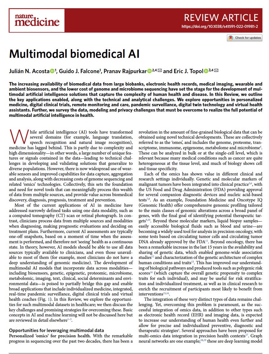 EricTopol's tweet photo. The next frontier for #AI in medicine and life science is multimodal, the subject—with its challenges and opportunities—of our new @NatureMedicine review
https://t.co/E16D7016El
w/ @jn_acosta @GuidoFalconeMD @pranavrajpurkar https://t.co/Ozmh0zsPma