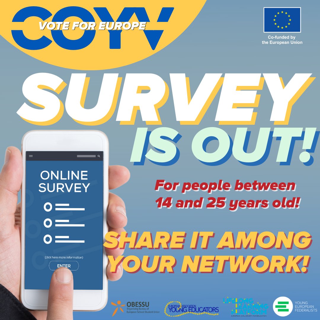 👉 Do you remember about COYV !?
(‘Co-operation Youth vote: Enabling future active European citizens’).

🤜🏻🤛🏽HELP US HELP OTHERS by filling and disseminaing the Survey. Link here: surveymonkey.com/r/vote4europe