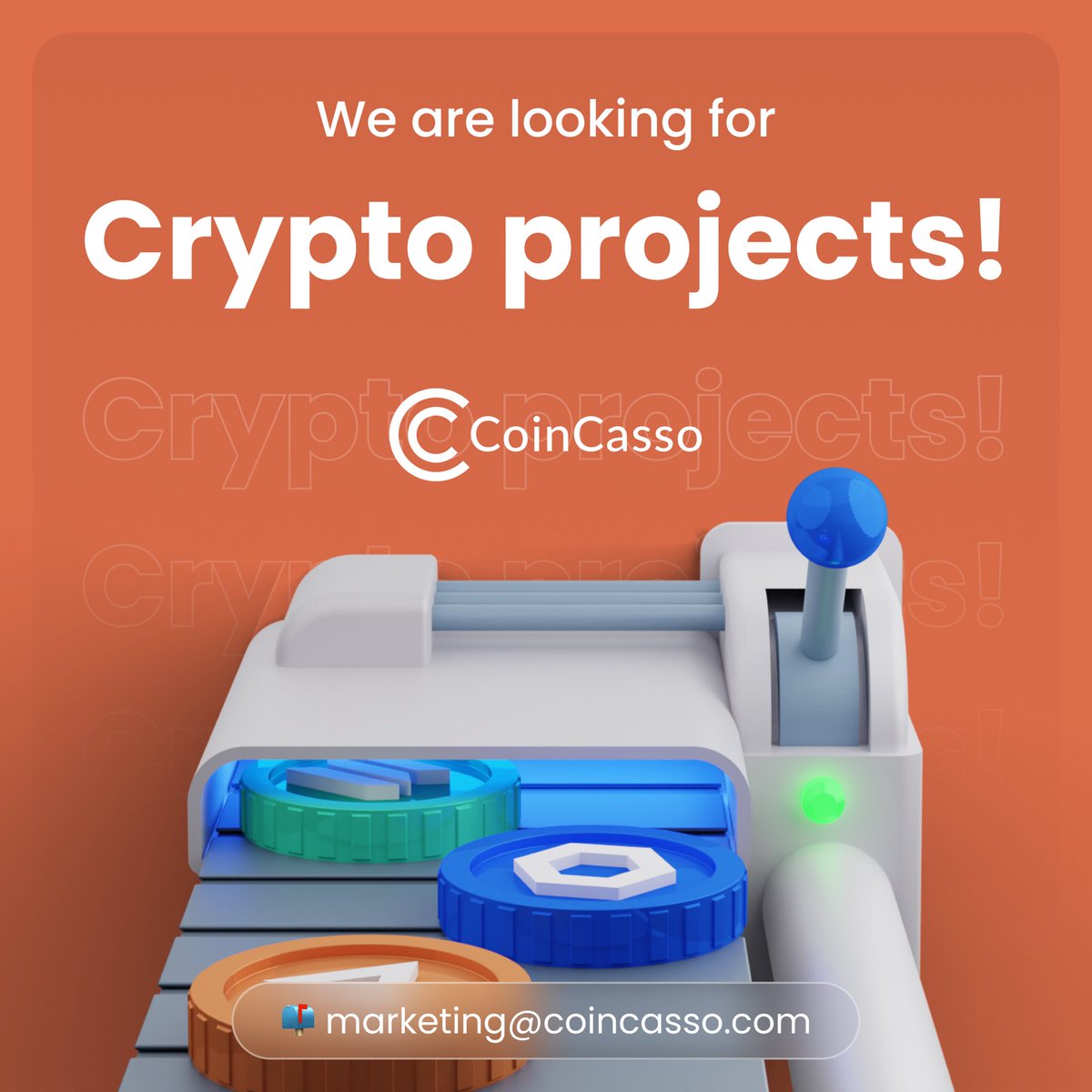We are looking for cryptocurrency projects to be listed on our #CoinCasso exchange! 🚀

If you are interested, please contact us: 

✉️ by e-mail: marketing@coincasso.com 
🤳🏻via Telegram: t.me/CoinCasso_Mark…

#listing #coin #token #crypto