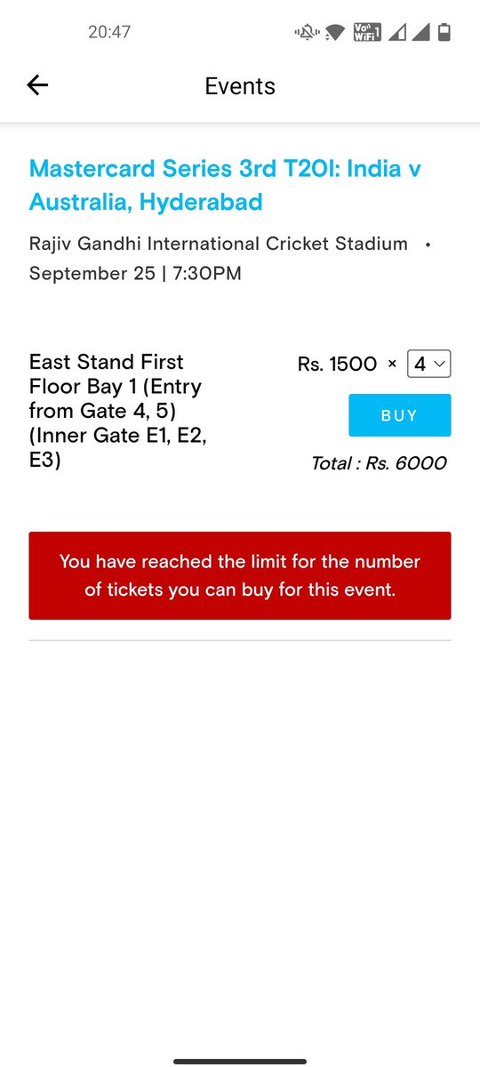 KTallapalli's tweet photo. Such a disgusting service @Paytm been trying 8pm, not even single ticket booked.but it showing limit reached, what kind of service are you going to provide @Paytmcare 
Expecting some type of remediation on this immediately #INDvsAUS else you gonna loose your credibility and users https://t.co/zvywyPoN8W