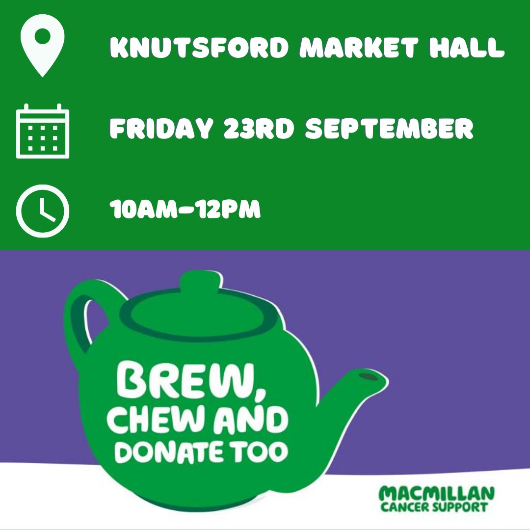 Don't forget we are hosting a Macmillan Coffee Morning next Friday 23rd September at #Knutsford Market Hall!

As well as delicious cakes, we'll also have some brilliant prizes to give away as we come together to raise some funds. 

Come down from 10am-12pm to get involved!
