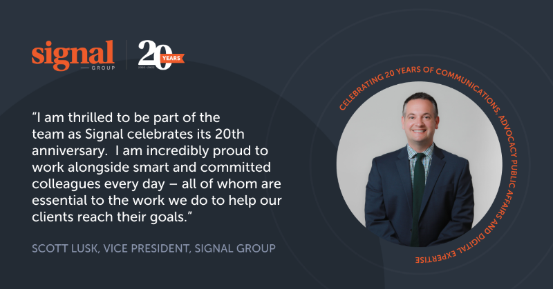 signalgroupdc's tweet photo. As Signal celebrates its 20th anniversary, our team will share our perspectives on the company's two decades of serving clients. VP of Communications Scott Lusk shares his thoughts on #Signal20: