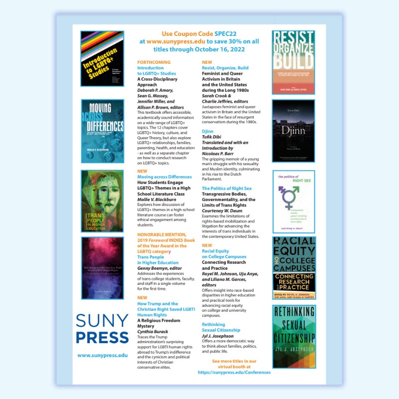 SUNY's tweet photo. #SUNYSPECTRUM 2022 is taking place now, but the education and conversation about the resilience, power, & survival of the #LGBTQIA+ community can continue long after. @SUNYPress is offering 30% off all queer studies titles available on their website. See what's available: