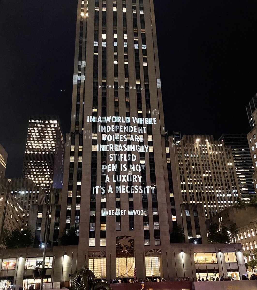 drumenaker's tweet photo. Glorious words are lighting up Rockefeller Center for @PENamerica’s 100 years of defending and celebrating free expression. See the artist Jenny Holzer use important writing and dramatic space for #SpeechItself every night through Sunday 8pm-10pm. Here from @MargaretAtwood https://t.co/RObRhElulm