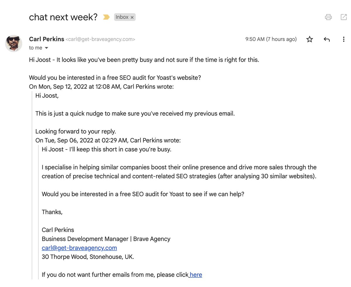 Seems like this guy really wants to do an SEO audit of @yoast's website :) Now I'm not opposed to hiring people to help us at Yoast, even with our SEO, but the thought that I'd hire someone to do that just because he emailed me 3 times... Why does this still work?