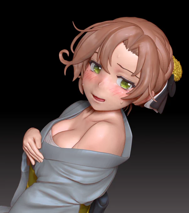 はだけた部分のシワやら手やら作り直し。おっぱい。もうひとふんばりしたら出力。 