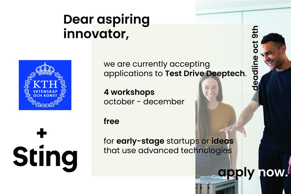 Test Drive Deeptech is for people who are ready to build a company that uses cutting-edge advanced technology to solve big societal problems.
The program has been designed in partnership with KTH Innovation.
Apply here: https://t.co/uyPiKrpF8l

 #deeptech https://t.co/xQTf78mGOW