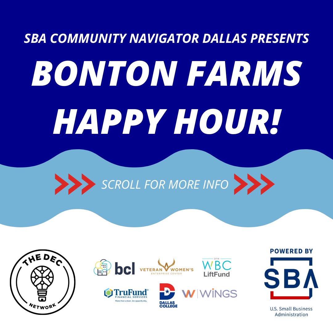 theDECnetworkRB's tweet photo. 📣 We can't wait for next week! You don't want to miss this SBA Community Navigator Dallas Bonton Farms Happy Hour! ⁠
⁠
⭐️ September 22, 2022⁠
⭐️ 5-7 PM⁠
⁠
👀 We cannot wait to see you there!⁠
⁠
#dallas #smallbusiness #entrepreneur #happyhour #dfw #sba #community https://t.co/r2fSVLQyxZ