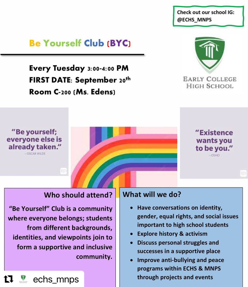 ECHS_MNPS's tweet photo. Our BE YOURSELF CLUB (BYC) will be held every Tuesday (beginning next week: 9/20) from 3pm-4pm! Questions? Contact Ms. Edens at taylor.edens@mnps.org. #ECHSLevelUp #HSDualEnrollment #MNPSForAll @ChemEdens https://t.co/MnLQRWZTQk