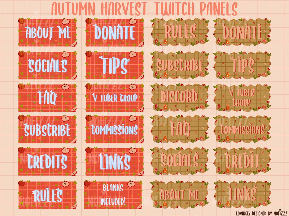 Harvest cottagecore twitch panels now available on my Etsy store! Give your twitch page a cute theme this autumn 🌟🍄🍎🌼🪵