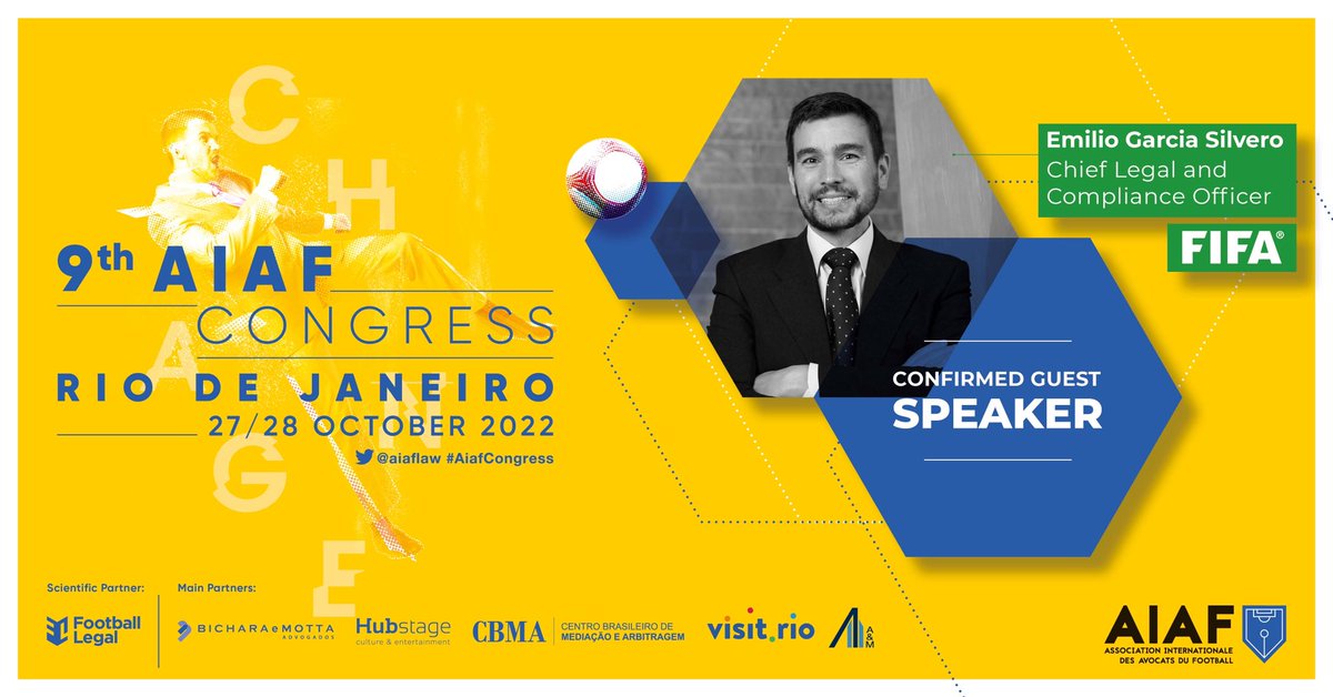 💥<a href="/GarciaSilvero/">Emilio García Silvero</a>, Chief Legal &amp; Compliance Officer at FIFA will be one of our guest speakers in Rio at <a href="/aiaflaw/">AIAF</a>, about all the new FIFA trends!

🇧🇷 Rio de Janeiro / 27-28 October 2022

🔴 Register: lnkd.in/ez9t4-Ca
🌎 Program: lnkd.in/eUPQpfvN

#AiafCongress
